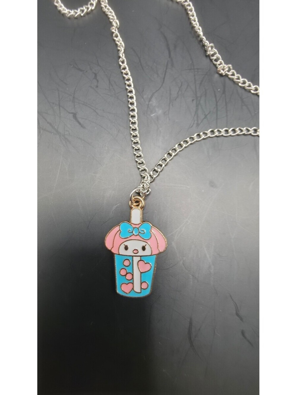 Cute Blue and Pink Character Bubble Boba Tea Pendant Necklace with Silver Chain